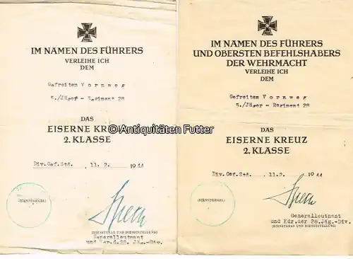 Neu im Shop | Drittes Reich 1944 2 Urkunden zum Eisernen Kreuz 2. Klasse / 5./Jäger-Regiment 28 / Für den … 3
