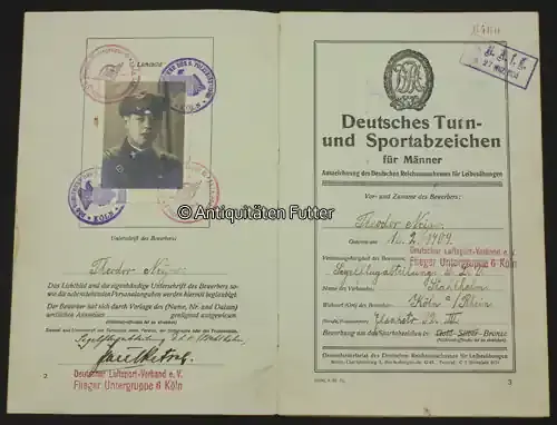Drittes Reich 1934 / 1943 2 Urkundenhefte von Polizist Neýer/ Deutsches Turn- und Sportabzeichen in Bronze 2-3 und 3 - Hochwertig
