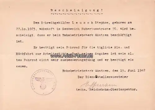 Direkt bestellen | Drittes Reich/Montzen/Gemmenich 1942 Bescheinigung/Beschäftigt beim Bahnbetriebswerk/benötigt ein Fahrrad 2