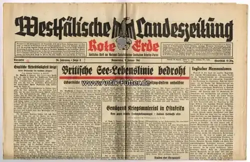 Drittes Reich/Westfalen 9. 1. 1941 Westfälische Landeszeitung Rote Erde / Amtliches Blatt der NSDAP 2 - Angebot
