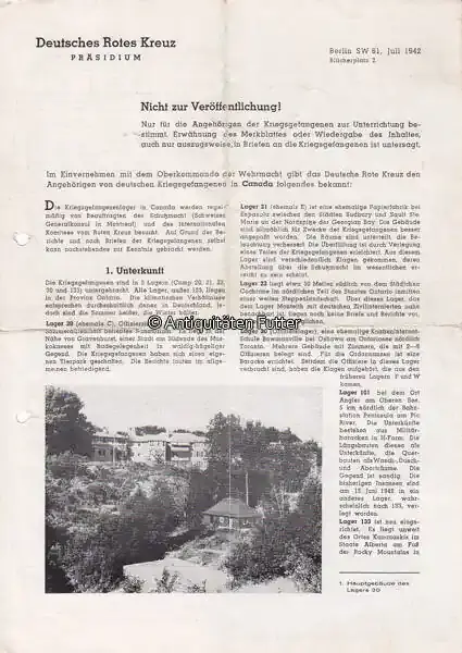 Drittes Reich / Berlin / Kanada Juli 1942 Merkblatt / Deutsches Rotes Kreuz / Präsidium / Nicht zur Veröffentlichung ! 3 | Nur solange der Vorrat reicht
