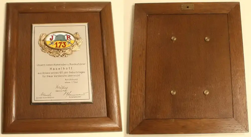 Knallerpreis - Deutsches Reich O.J. Plakette vom Reichsbund ehem.173er/Unserem Kameraden u.Bundesführer Haselhoff 2-3