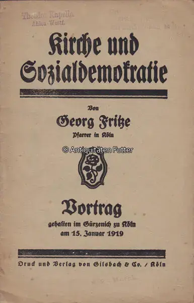 Top bewertet | Köln 1919 Georg Fritze / Kirche und Sozialdemokratie / Vortrag gehalten im Gürzenich… 2-3