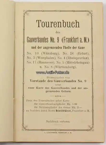Reduziert - Deutsches Reich um 1890 Tourenbuch des Gauverbandes No. 9 (Frankfurt a. M.) und der angrenzenden … 2