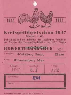 Qualitätsprodukt - Bewertungskarte / Kreisgeflügelschau 1947 Siegen i. W. / Jubiläumsschau … 2-3