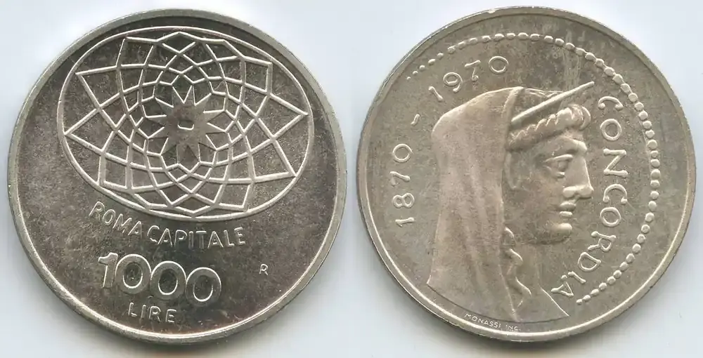 Italien Republik 1000 Lire Silber 1970 R Rom M 7586 – Concordia – Centennial of Rome as Capital of Italy Fast unzirkuiert, Patina - Heute bestellen