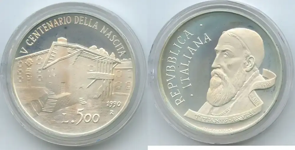 Kostenlose Rückgabe | Italien Republik Italy 500 Lire Silber 1990 R Rom G7640 – 500th Anniversary – Birth of Tiziano Vecellio Polierte Platte, leicht angelaufen