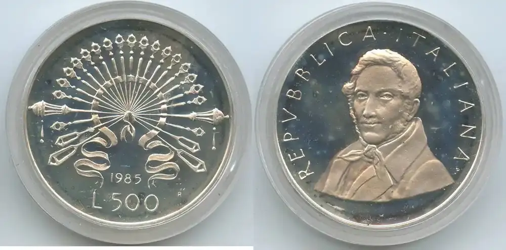 Endet bald - Italien Republik 500 Lire Silber 1985 Rom G7625 – 200th Anniversary of Birth of Alessandro Manzoni – Italy Italia Polierte Platte, leicht angelaufen