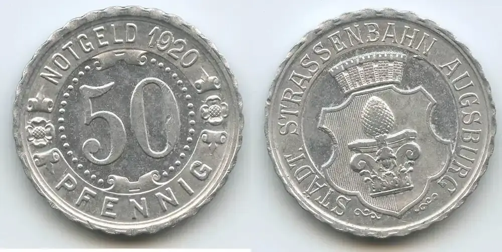 Deutsches Reich Bayern 50 Pfennig Notgeld Strassenbahnmarke 1920 G5030 – Städtische Strassenbahn Augsburg Vorzüglich - Nur begrenzt verfügbar