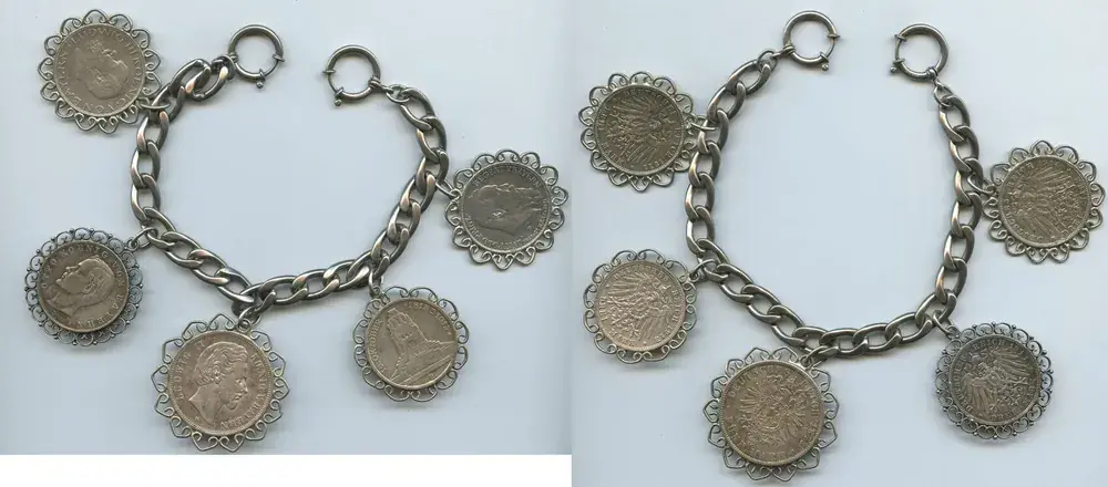 Knallerpreis - Bayern Königreich – Sachsen Silberkette Charivari mit 5 Münzen 1875 bis 1914 M 0409 – mit 5 Mark Bayern , 3 x 3 Mark Bayern, 3 Mark Sachsen Sehr Schön alle mit Schmuckrand