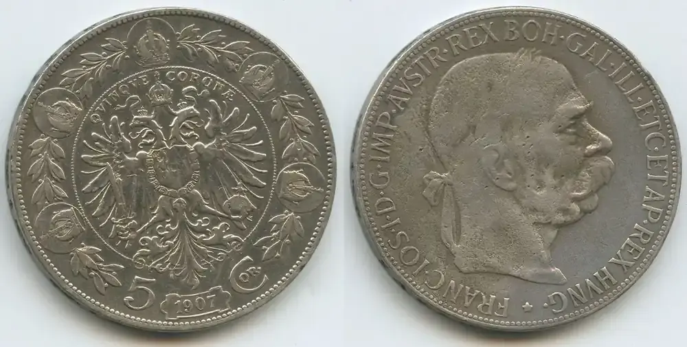 Hochwertig - Österreich Kaiserreich 5 Corona (5 Kronen) Silber 1907 Wien M 8214 – Franz Joseph I. 1848-1916 Austria Sehr Schön – Vorzüglich