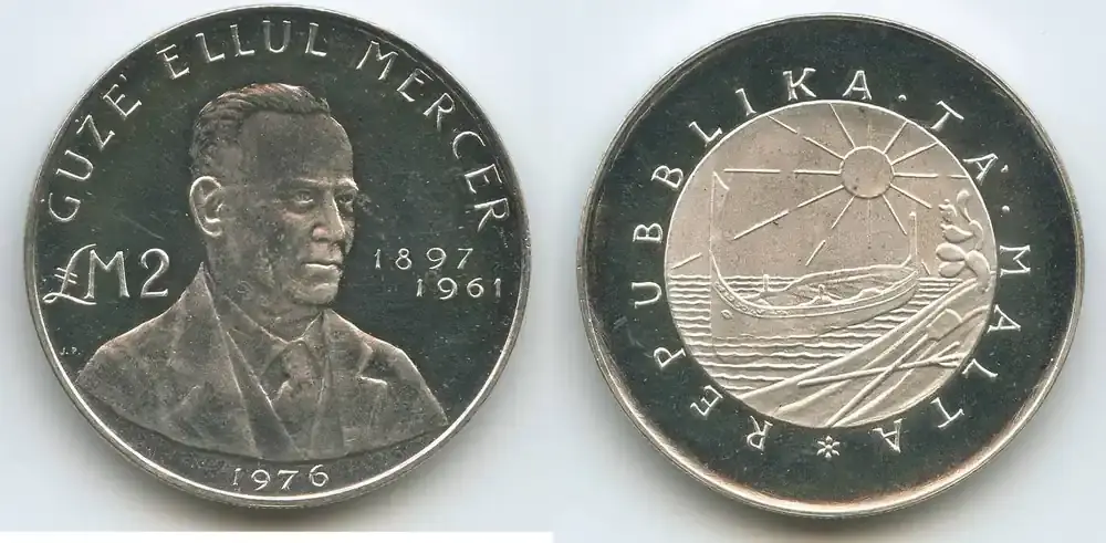 Malta 2 Pounds (2 Liri) Silber 1976 H0862 – Guze Ellul Mercer 1897-1961 Unzirkuiert, leichte Patina | Hochwertig