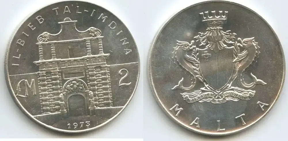 Vorteilspreis | Malta 2 Pounds (2 Liri) Silber 1973 M 8095 – Ta‘l-Imdina Gate Unzirkuiert, leichte Patina
