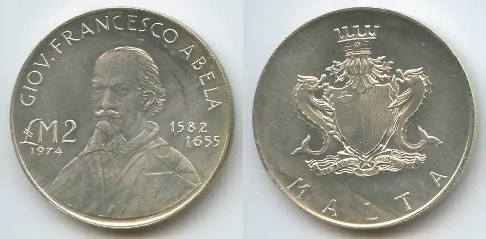 Malta 2 Pounds (2 Liri) Silber 1974 H0860 – Francesco Abela 1582-1655 Fast unzirkuiert, leicht angelaufen - Top-Deal