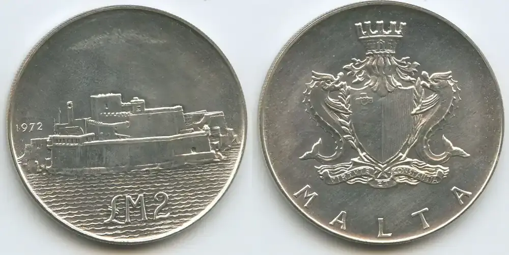 Bestpreis - Malta 2 Pounds (2 Liri) Silber 1972 M 5640 – Fort St. Angelo Unzirkuiert, leichte Patina