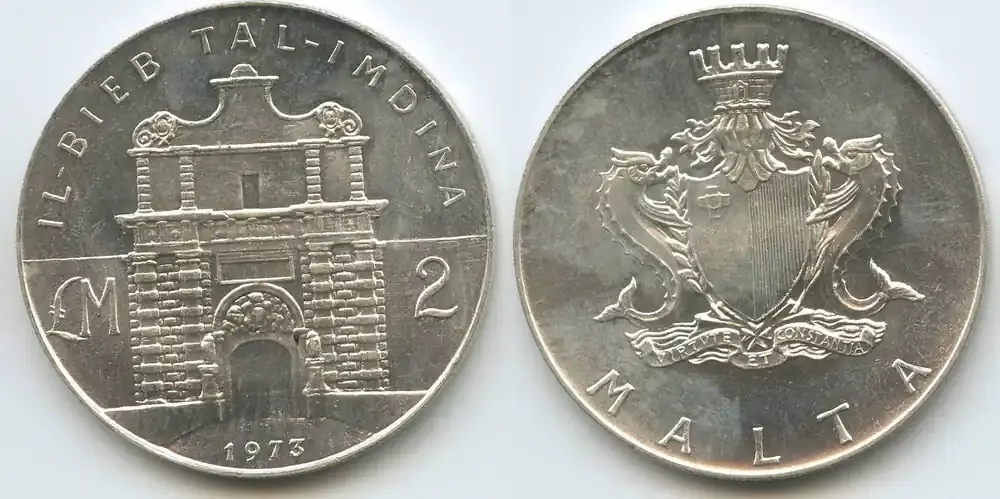 Malta 2 Pounds (2 Liri) Silber 1973 M 8096 – Ta‘l-Imdina Gate Unzirkuiert, leichte Patina | Nur heute
