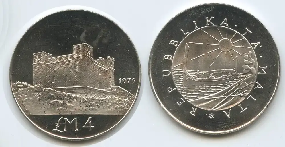 Profi-Qualität - Malta 4 Pounds (4 Liri) Silber 1975 M 3295 – St. Agatha‘s Tower at Gammieh Unzirkuiert, leichte Patina
