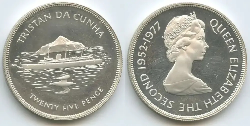 Neu hinzugefügt - Tristan da Cunha 25 Pence Silber 1977 GS945 – Royal Yacht – 25th Anniversary of the Accession of Queen Elizabeth II. Polierte Platte, leicht angelaufen