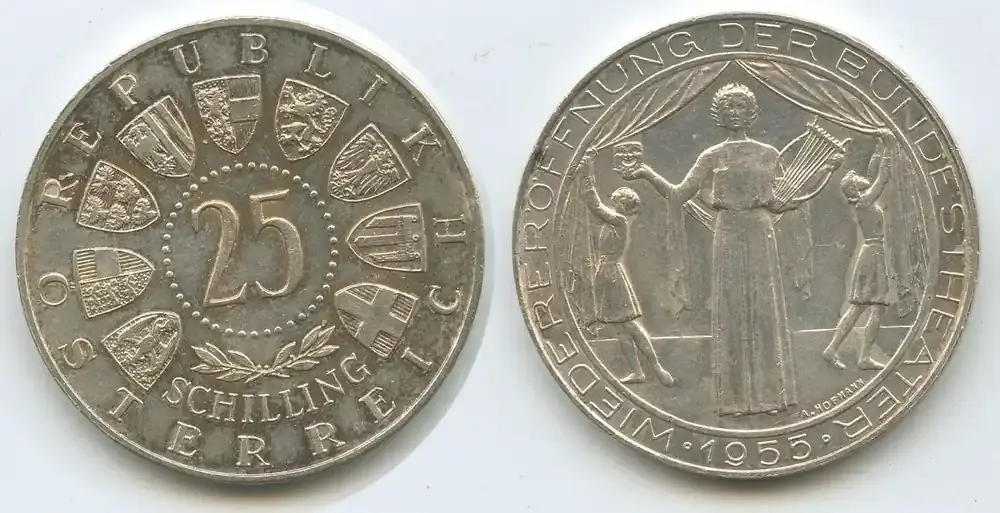 Österreich Wien 25 Schilling Silber 1955 H0644 – Wiedereröffnung Burgtheater Bundestheater Fast Unzirkuliert, leichte Patina | Schnelle Zustellung