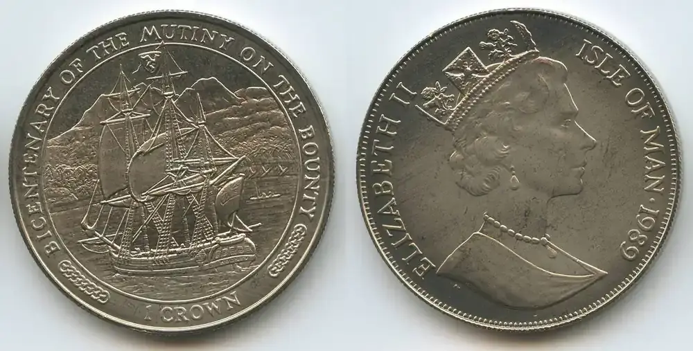 Sparangebot - Insel Man – Isle of Man One Crown 1989 GS513 – Segelschiff – 200th Anniversary of Mutiny on the Bounty – Elizabeth II. Fast unzirkuiert