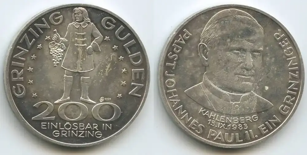 Österreich 200 Grinzing Gulden Silber 1983 M 6625 – Kahlenberg Papst Johannes Paul II. – Ein Grinzinger Polierte Platte, leicht angelaufen, leichte Kratzer | Schneller Versand