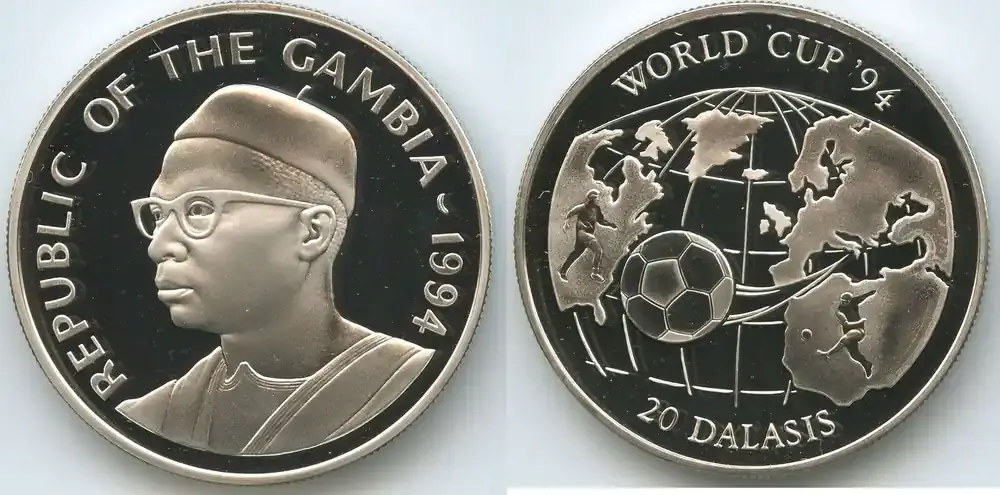 Top-Angebot - Gambia 20 Dalasis Silber G0069 – Fussball WM 1994 World Cup Soccer USA United States Polierte Platte