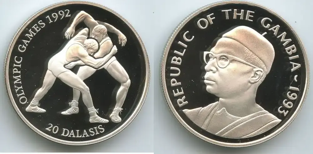 Online kaufen | Gambia 20 Dalasis Silber 1993 G0141 – Olympiade Barcelona 1992 Olympic Games-Wrestlers Proof Polierte Platte