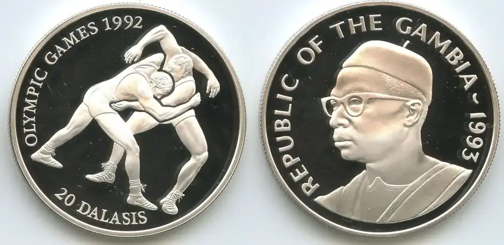 Gambia 20 Dalasis Silber 1993 GB1352 – Olympiade Barcelona 1992 Olympic Games-Wrestlers Proof Polierte Platte - Jetzt sparen