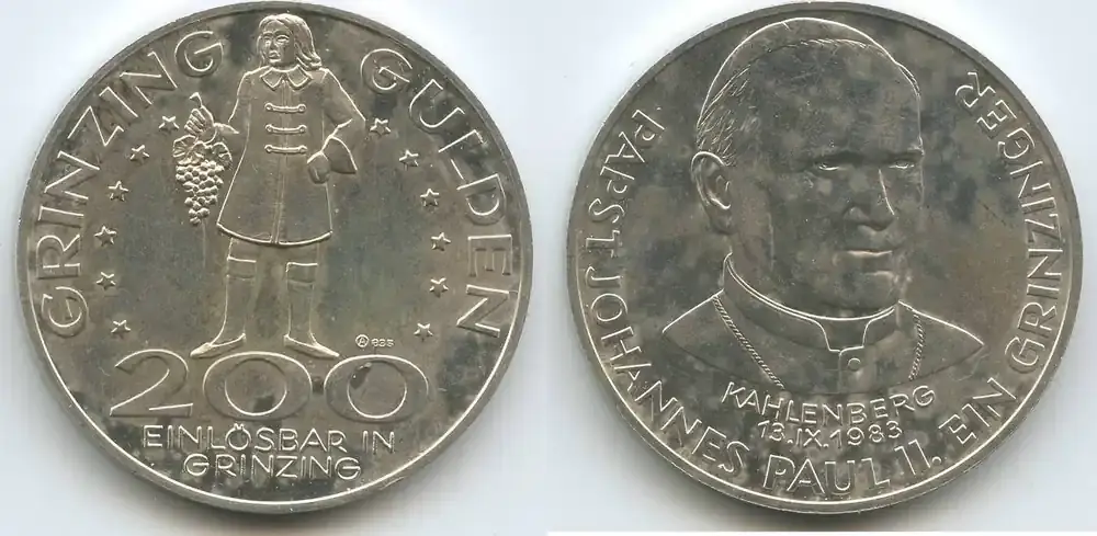 Österreich 200 Grinzing Gulden Silber 1983 M 6904 – Kahlenberg Papst Johannes Paul II. – Ein Grinzinger Polierte Platte, leicht angelaufen, leichte Kratzer | Jetzt verfügbar