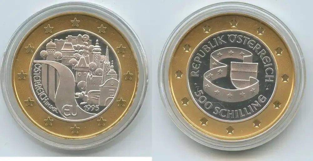 Bestseller - Östereich 500 Schilling Gold-Silber Bimetall 1995 GN1632 – EU-Beitritt Bimetallmünze – European Union Membership of Austria Polierte Platte in Original Box mit Zertifikat