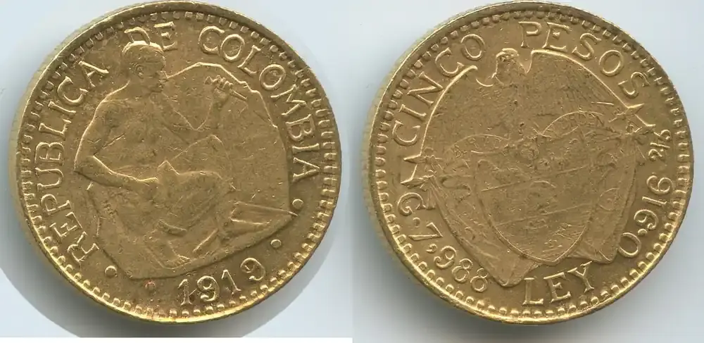 Kolumbien 5 Pesos Gold 1919 M 5483 – Minenarbeiter – Republic of Colombia Vorzüglich | Angebot