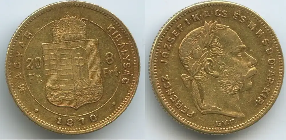 Neues Produkt - Ungarn Kaiserreich Österreich 20 Francs / 8 Forint Gold 1870 GYF Karlsburg G5437 – Franz Joseph I. 1848-1916 Alba Iulia, Gyulafehérvár, Romania Sehr Schön – Vorzüglich
