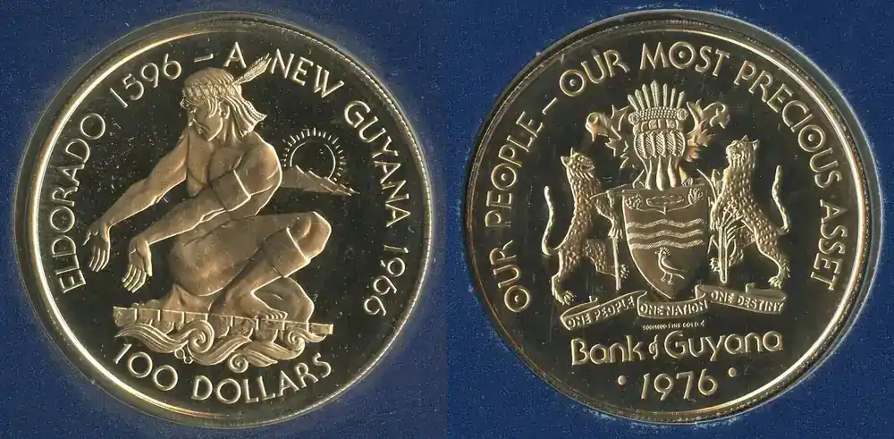 Neu verfügbar - Guyana 100 Dollars Gold 1976 GN632 – 10th Anniversary of Independence Polierte Platte in Original Folder