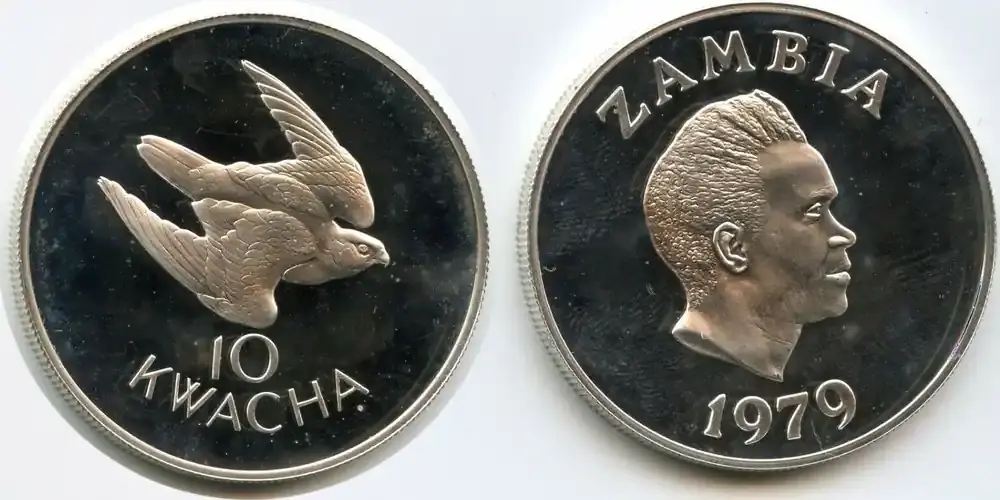 Markenqualität - Sambia 10 Kwacha Silber 1979 GS344 – RAR Falke World Wildlife Fund Zambia Polierte Platte, leicht angelaufen, Berührungsspuren