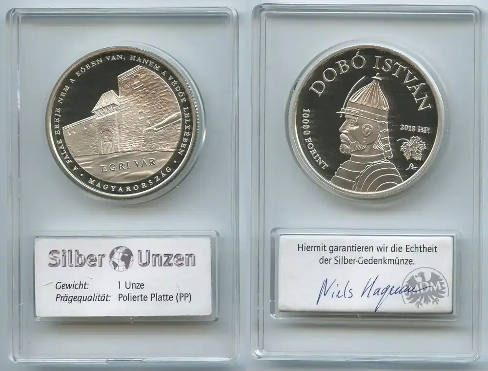 Ungarn Magyarorszag 10000 Forint Silber 2018 BP GN1218 – Eger Castle – István Dobó Polierte Platte in Original Box mit Zertifikat - Reduziert
