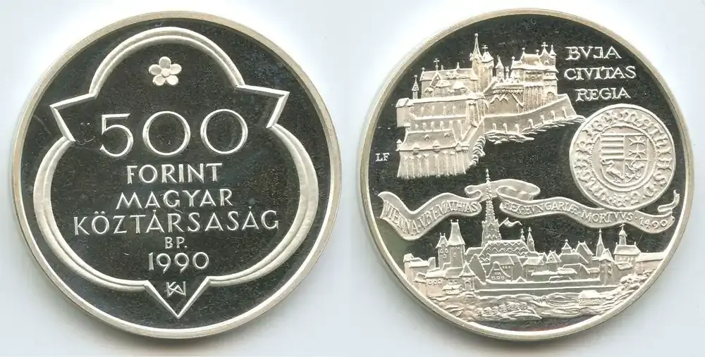 Bewährte Qualität - Ungarn Magyar Köztársaság 500 Forint Silber 1990 BP GS960 – King Matthias – Buda Civitas Regia Hungary Polierte Platte, leicht angelaufen