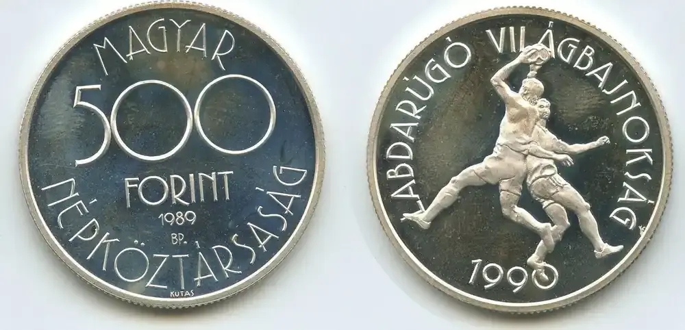 Sofort kaufen - Ungarn 500 Forint Silber 1989 BP GS697 – Fussball WM 1990 World Football Championship Hungary Magyar Polierte Platte, leicht angelaufen