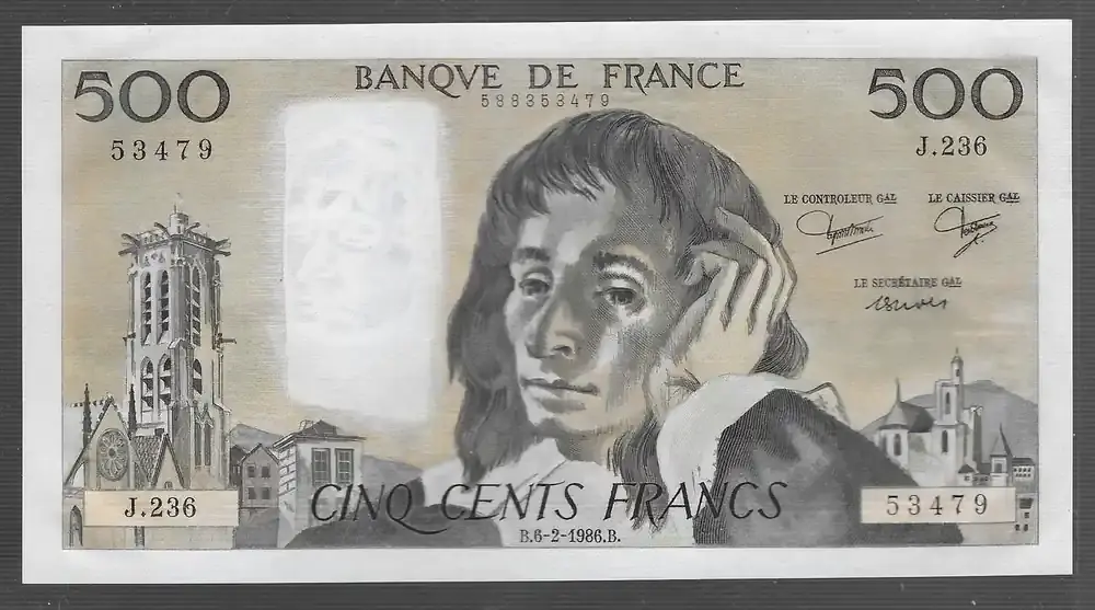 FRANCE 500 FRANCS 06.02.1986 PASCAL. Alphabet J.236 . Fast NEU -1* - Expressversand