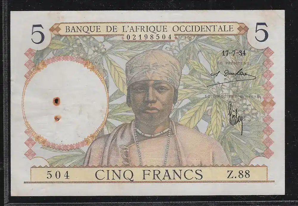AFRIQUE OCCIDENTALE FRANÇAISE 5 FRANCS 17.7.1934 Alphabet Z.88 Fast Sehr schön(Rost spuren durch die Anheftung) - Extra sparen
