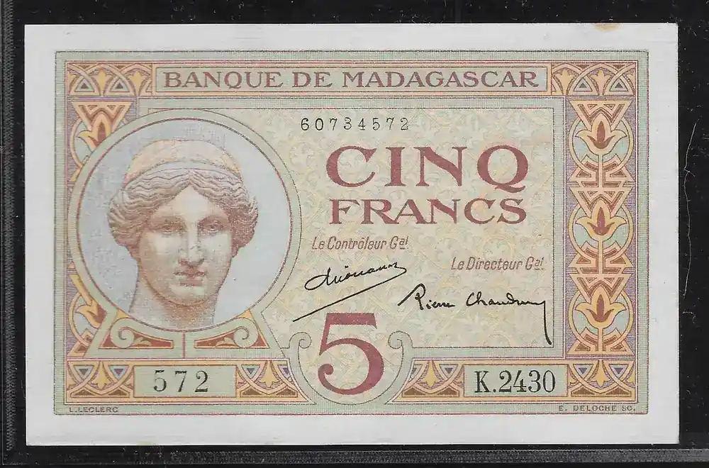Knallerpreis - MADAGASIKARA/MADAGASCAR 5 Francs (1937-47) Kopf von JUNO,Königin der Götter.Tête de JUNO Reine des dieux. Alphabet K.2430 Gutes vorzüglich(Kl.Fleck oben am Rand)