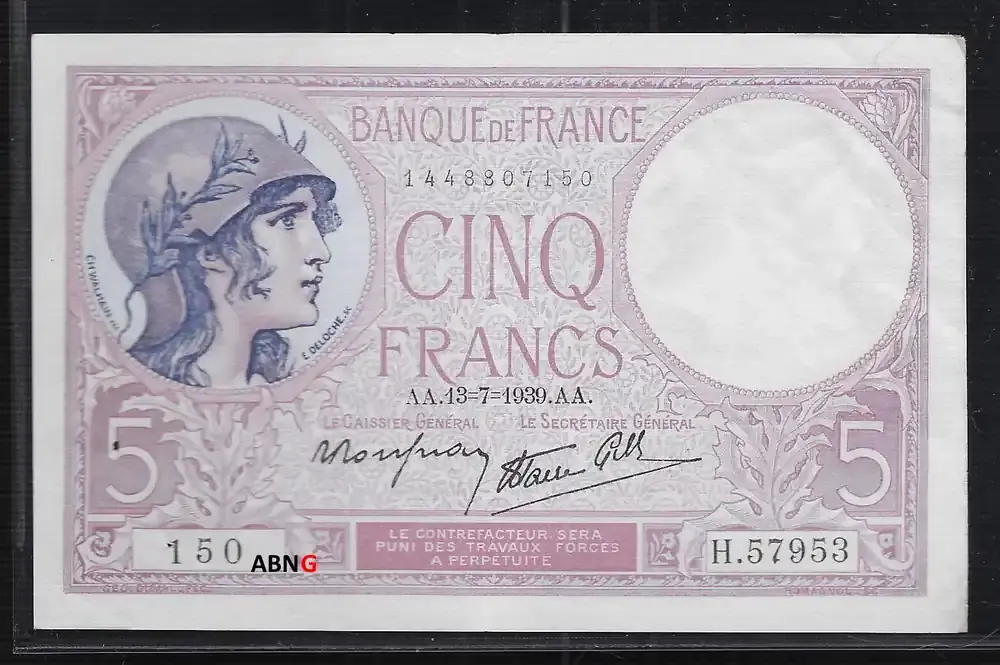 FRANCE . 5 Francs 13/07/1939 Femme casquée. Frau mit Helm.Violet. Alphabet H.57953. Numéro 150 . Gutes sehr schön | Sonderaktion