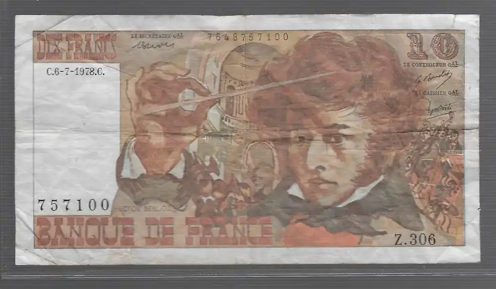 Mega-Angebot | FRANCE 10 Francs 6.7.1978 Berlioz. Letzten,dernier Alphabet Z.306 . Fast schön,(Riss in der rechte Ecke)