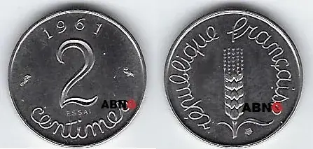 Sehr gut bewertet - FRANCE . 2 Centimes 1961 Essai (Probe) Weizenkolben . Épi . fast Stempelglanz (Manipulationspuren)