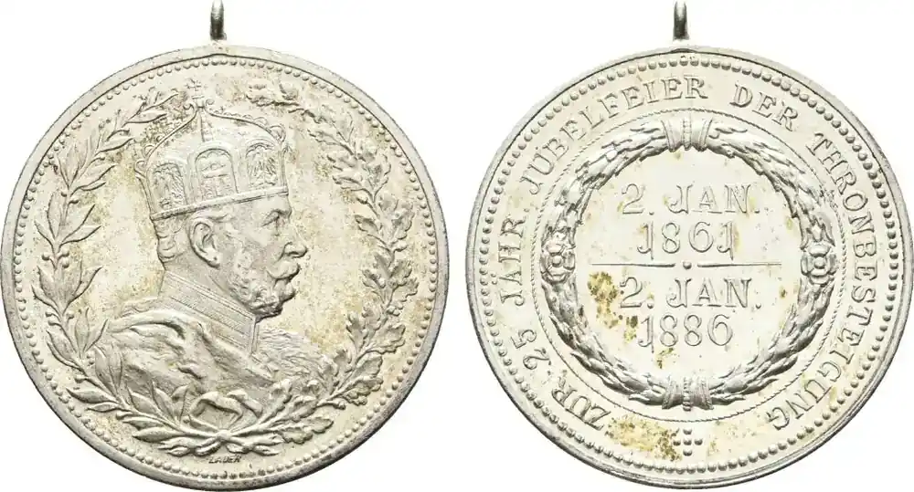 Online bestellbar - Brandenburg-Preußen Tragbare versilberte Bronzemedaille 1886 von Lauer Wilhelm I. 1861-1888 Sehr selten. Vorzüglich – Stempelglanz