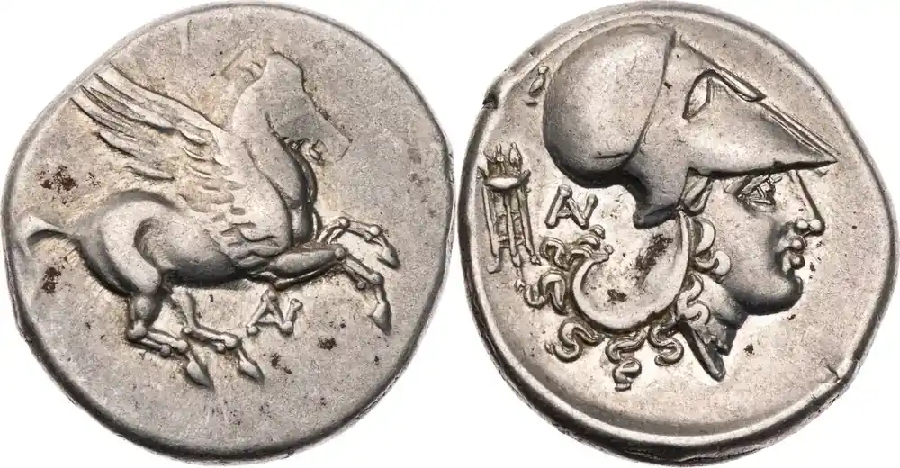Akarnanien Stater 350-300 v. Chr. Anaktorion, Pegasos / Kopf der Athena Vs. Prägeschwäche, Rs. Reste von Prägeglanz, ss / vz | Neu