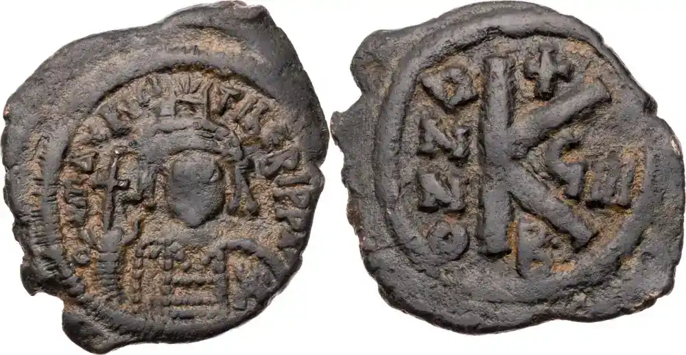 Kundenfavorit - Byzanz Halbfollis (20 Nummi) 590/591 Mauricius Tiberius, Constantinopolis, Büste / Wert und Jahr leichte Prägeschwächen, ss