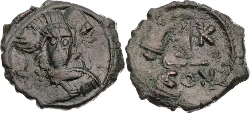 Nur noch heute | Byzanz Dekanummium 668-673 Constantinus IV. Pogonatus, Büste / Wert, R! dunkelgrüne Patina, Überprägungsspuren, ss