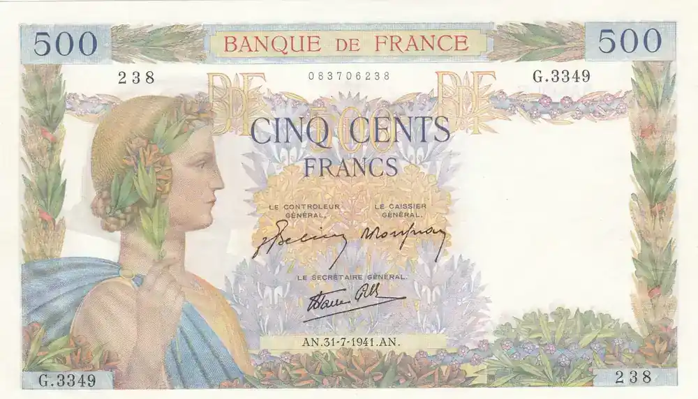Schnelle Zustellung - Frankreich 1941 500 Francs – The Peace – 31-07-1941 – Serial G.3349 I / ST