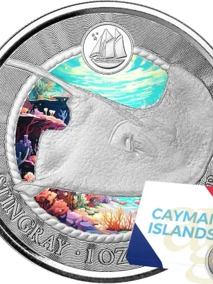 Hochwertig - 1 Unze Silbermünze Cayman Islands Stachelrochen 2023 – Coloriert