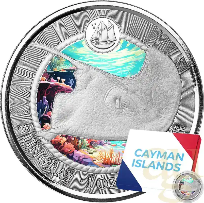 Hochwertig - 1 Unze Silbermünze Cayman Islands Stachelrochen 2023 – Coloriert
